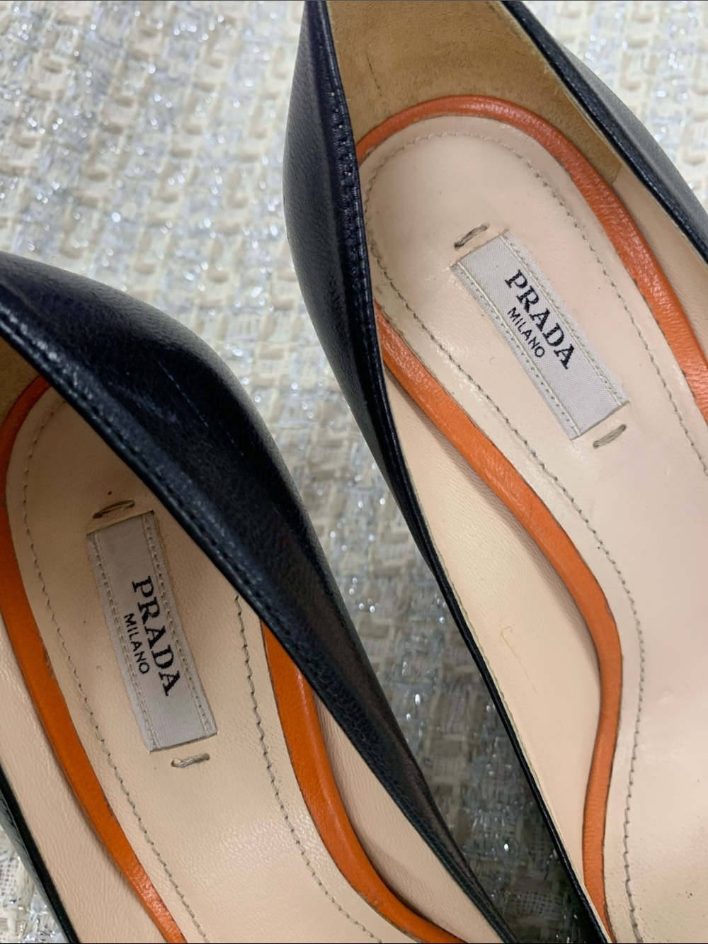 Prada Black Leather Pumps with Orange Trim and Silver Buckle - Picture 2 of 9